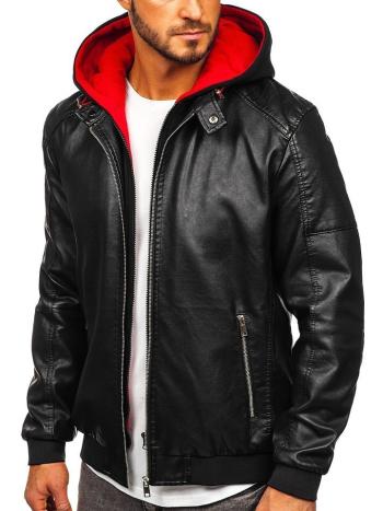 Čierno-červená pánska koženková bunda s kapucňou Bolf  6132
