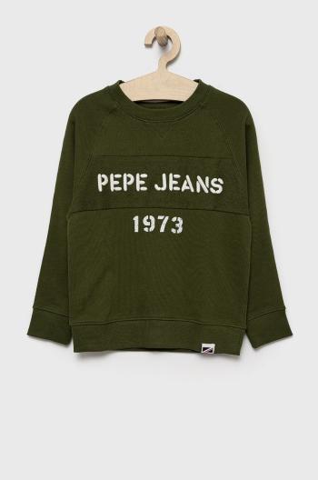 Detská bavlnená mikina Pepe Jeans zelená farba, s nášivkou