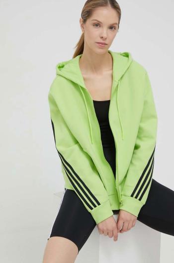 Mikina adidas dámska, zelená farba, s kapucňou, s nášivkou