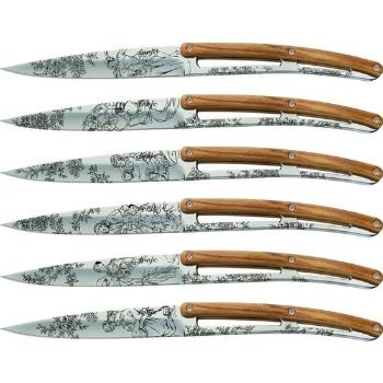 Deejo sada 6 stealpvácj nožov, lesklý povrch, olivové drevo, design "Toile de Jouy" 2AB011