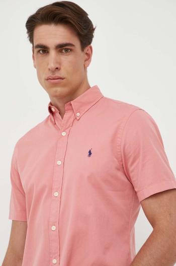 Bavlnená košeľa Polo Ralph Lauren pánska, ružová farba, regular, s golierom button-down