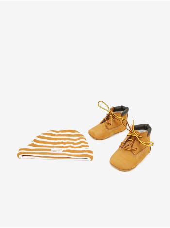 Sada detských členkových kožených topánok a vzorovanej čipaky v horčicovej farbe Timberland Crib Bootie with Hat