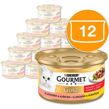 Gourmet gold kúsky v šťave s lososom a kuraťom 12× 85 g (8445290765321)