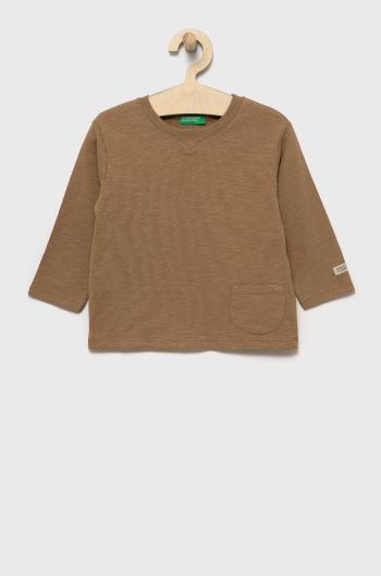 Detská bavlnená košeľa s dlhým rukávom United Colors of Benetton hnedá farba, jednofarebný