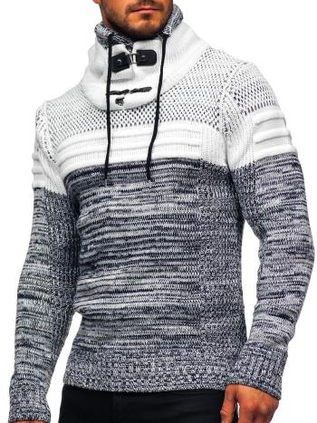 Tmavomodrý hrubý pánsky sveter so stojačikovým golierom Bolf 2058