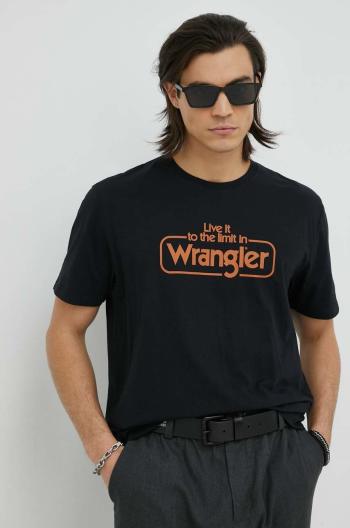 Bavlnené tričko Wrangler čierna farba, s potlačou