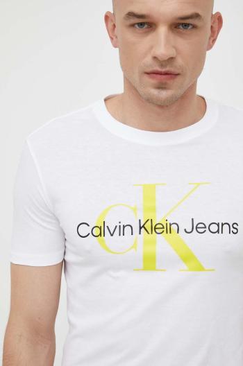 Bavlnené tričko Calvin Klein Jeans biela farba, s potlačou