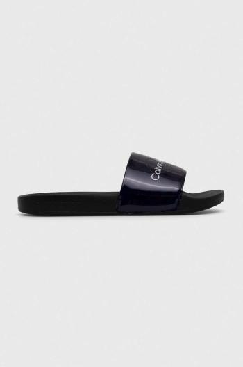 Šľapky Calvin Klein Jeans SLIDE METALLIC MONOLOGO dámske, čierna farba, YW0YW00638