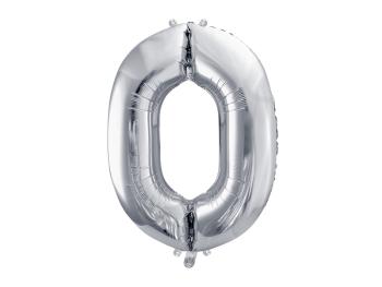 PartyDeco Fóliový balón narodeninové číslo 0 strieborný 86cm