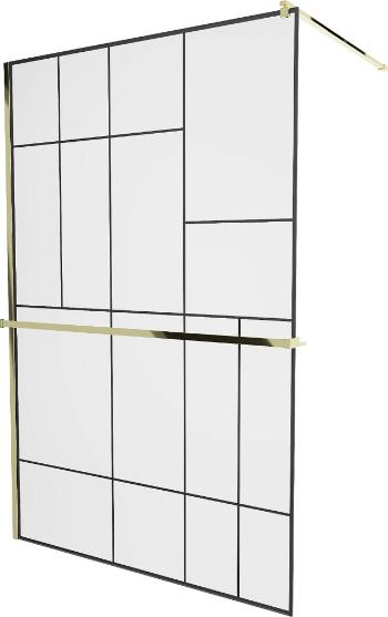 MEXEN/S - KIOTO Sprchová zástena WALK-IN s poličkou a držiakom uterákov 120 x 200 cm, transparent/čierna 8 mm, zlatá 800-120-121-50-78