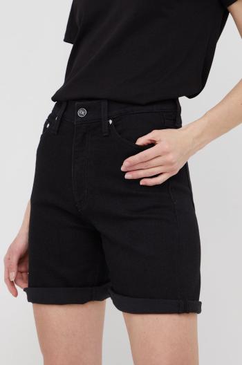 Rifľové krátke nohavice Calvin Klein dámske, čierna farba, jednofarebné, vysoký pás