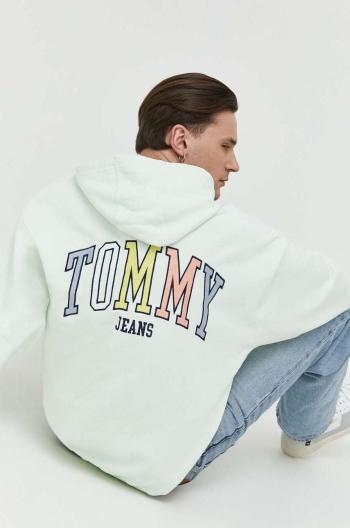 Bavlnená mikina Tommy Jeans pánska, zelená farba, s kapucňou, jednofarebná