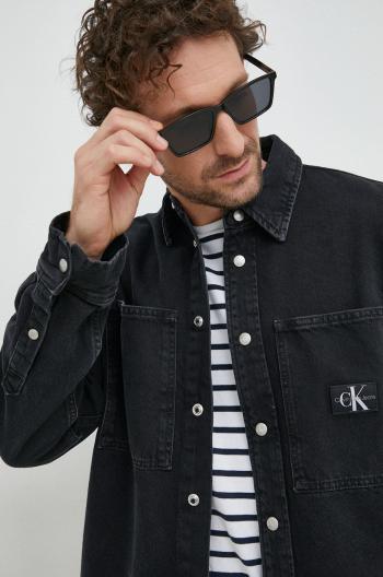 Rifľová košeľa Calvin Klein Jeans pánska, čierna farba, voľný strih, s klasickým golierom