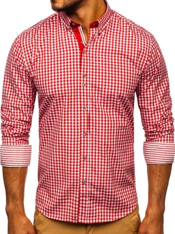 Červená pánska károvaná košeľa s dlhými rukávmi  Bolf 9712
