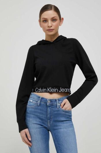 Mikina Calvin Klein Jeans dámska, čierna farba, s kapucňou, s potlačou