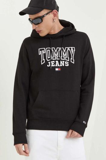 Bavlnená mikina Tommy Jeans pánska, čierna farba, s kapucňou, s potlačou