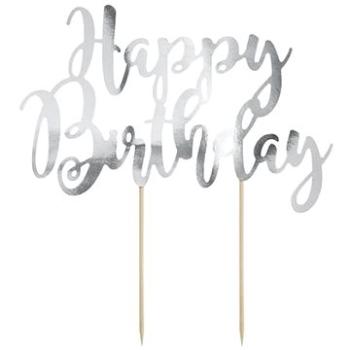 Dekorácia na tortu Happy Birthday – narodeniny – strieborná – 22,5 cm (5902230744943)