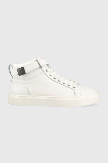 Kožené tenisky Calvin Klein HIGH TOP LACE UP W/PLAQUE biela farba, HM0HM00973