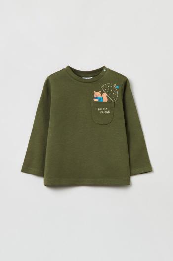 Detské bavlnené tričko s dlhým rukávom OVS zelená farba, s potlačou