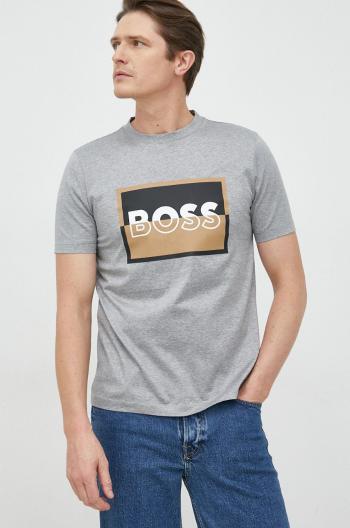 Bavlnené tričko BOSS šedá farba, s potlačou
