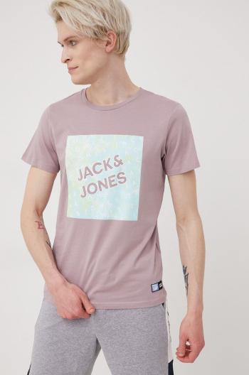 Bavlnené tričko Jack & Jones fialová farba, s potlačou