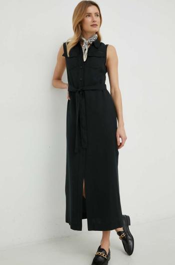 Šaty s prímesou ľanu Calvin Klein čierna farba, maxi, rovný strih
