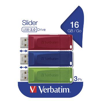 Verbatim USB flash disk, USB 2.0, 16GB, Slider, zelený, modrý, červený, 49326, USB A, s výsuvným konektorom, 3 ks