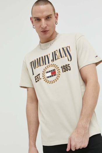 Bavlnené tričko Tommy Jeans béžová farba, s potlačou