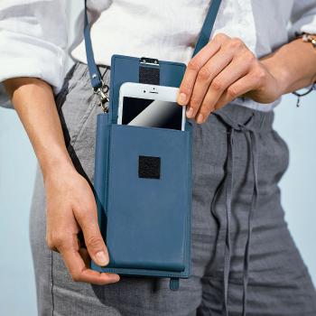 Dámska kožená kabelka na mobil, tmavo-modrá