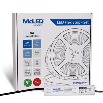 McLED LED páska - sada 1 m, 240 LED/m, NW, 6 W/m, DC 24V, 520 lm/m, CRI90, IP67, 10 mm, vodič 3 m ML-126.033.90.S01001