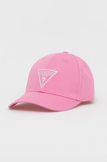 Bavlnená čiapka Guess ružová farba, s nášivkou