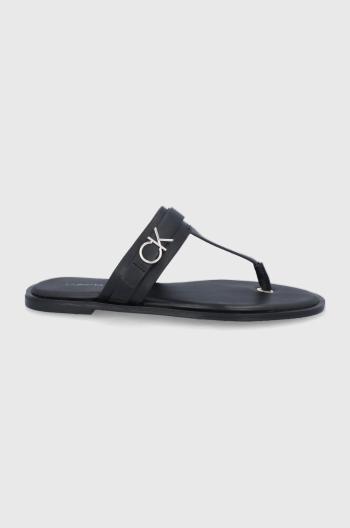 Kožené sandále Calvin Klein dámske, čierna farba, na plochom podpätku