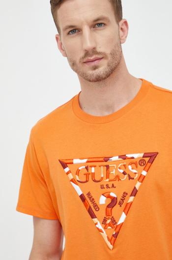 Bavlnené tričko Guess oranžová farba, s nášivkou