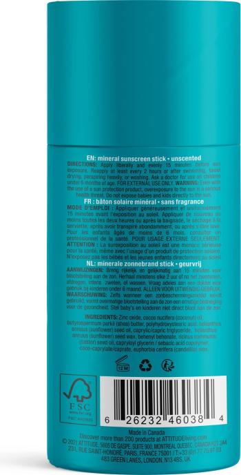 ATTITUDE Detská 100% minerálna ochranná tyčinka na celé telo (SPF 30) bez vône 85 g