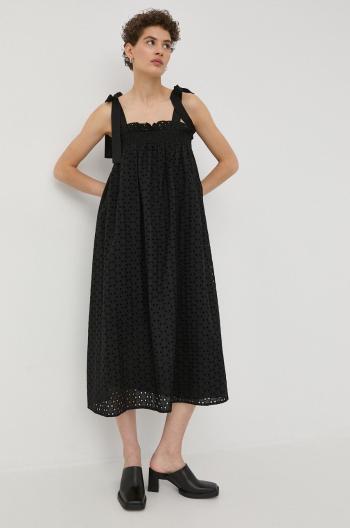 Bavlnené šaty Bruuns Bazaar čierna farba, midi, áčkový strih