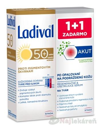 Ladival Anti-spot 50+SPF + Akut Face serum krém proti pigmentovým škvrnám 50 ml + sérum po opaľovaní 50 ml, 1x1 set