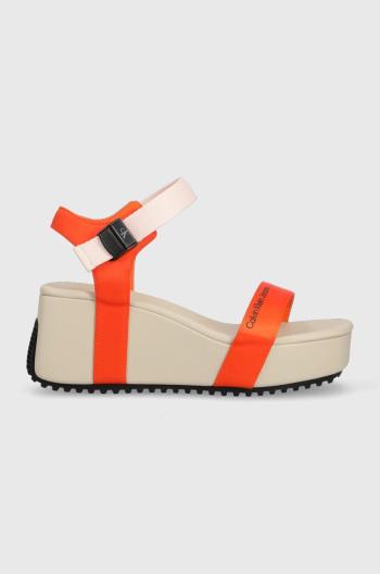 Sandále Calvin Klein Jeans WEDGE BLCOK SANDAL SATIN/HW dámske, oranžová farba, na platforme, YW0YW00980