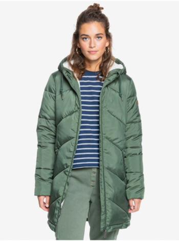 Zelený dámsky prešívaný zateplený zimný kabát s kapucou Roxy