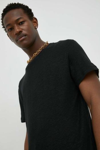 Ľanové tričko Bruuns Bazaar Linen Round čierna farba, jednofarebné