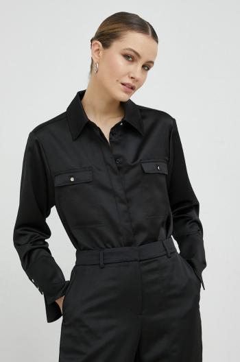 Košeľa BOSS dámska, čierna farba, regular, s klasickým golierom