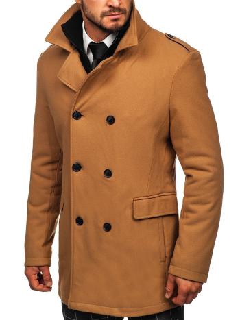 Kamelový pánsky zimný dvojradový kabát s odnímateľným golierom Bolf 8805