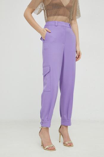 Vlnené nohavice BOSS dámske, fialová farba, rovné, vysoký pás