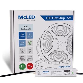 McLED LED páska - sada 2 m, 240 LED/m, CW, 6 W/m, DC 24V, 520 lm/m, CRI90, IP67, 10 mm, vodič 3 m ML-126.032.90.S02001