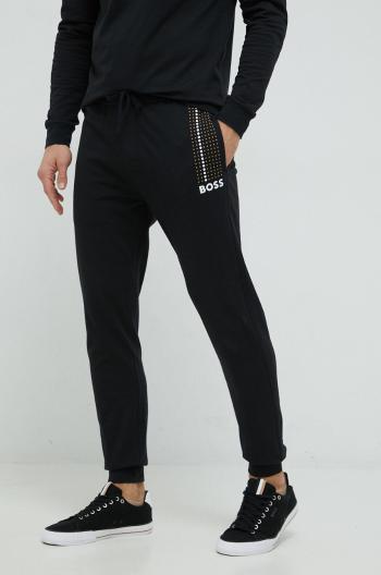 Bavlnené nohavice BOSS pánske, čierna farba, s potlačou