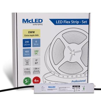 McLED LED páska - sada 4 m, 240 LED/m, EWW, 6 W/m, DC 24V, 485 lm/m, CRI90, IP67, 10 mm, vodič 3 m ML-126.035.90.S04001