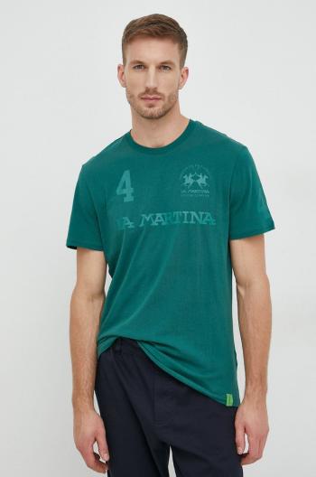 Bavlnené tričko La Martina zelená farba, s potlačou