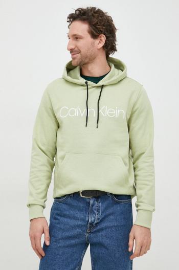 Bavlnená mikina Calvin Klein pánska, zelená farba, s kapucňou, s potlačou