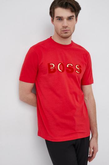 Bavlnené tričko Boss červená farba, jednofarebné