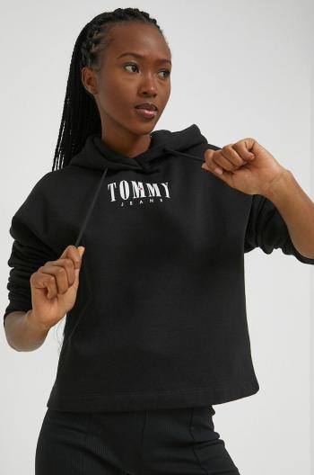 mikina Tommy Jeans dámska, čierna farba, s kapucňou, s potlačou