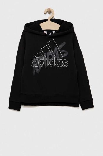 Detská bavlnená mikina adidas čierna farba, s kapucňou, s potlačou